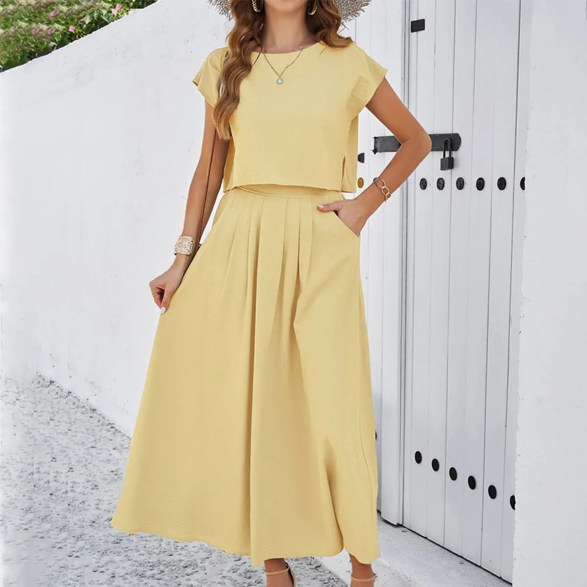 CASUAL SLIT TOP AND LONG SKIRT SET_CWSTB0515