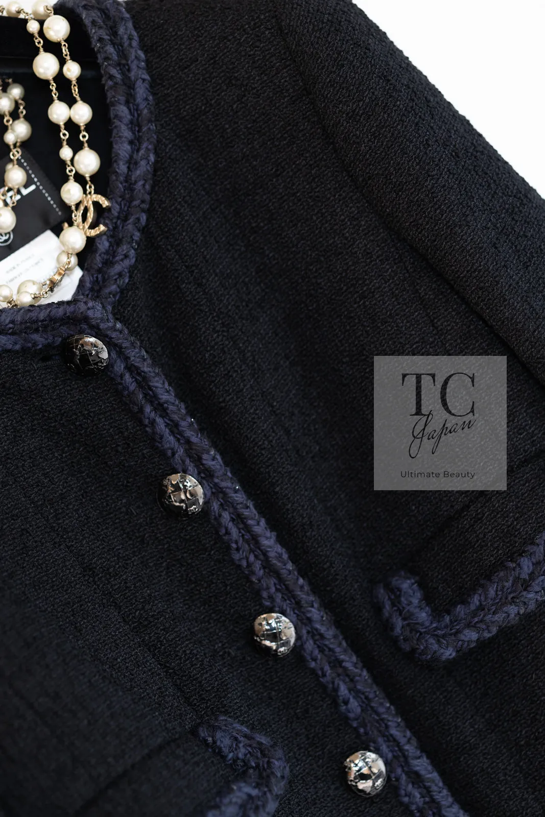 CHANEL 13A Little Black Jacket Navy Braid Trim Wool Silk Tweed 36 38 シャネル リトル ブラック ジャケット ネイビー ブレイド トリム ウール シルク ツイード 女優 チェ・ジュウ 即発