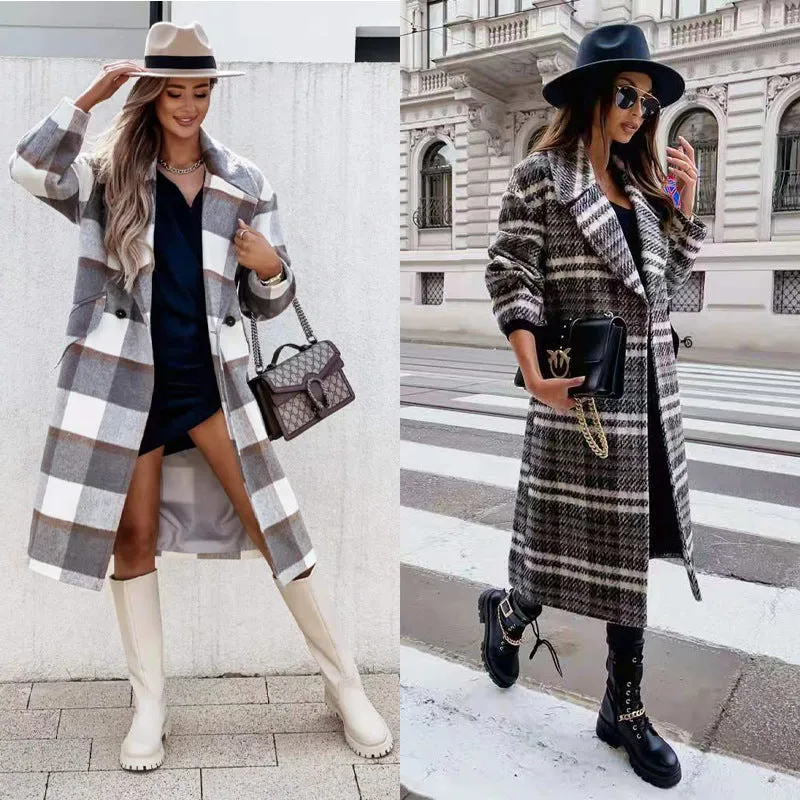 Checked Mid-length Coat Lapel Tie Woolen Coat