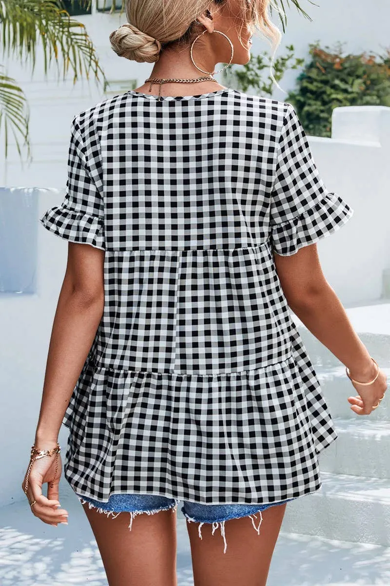 CHECKERED V NECK SHORT SLEEVED SHIRT_CWTSTS0201