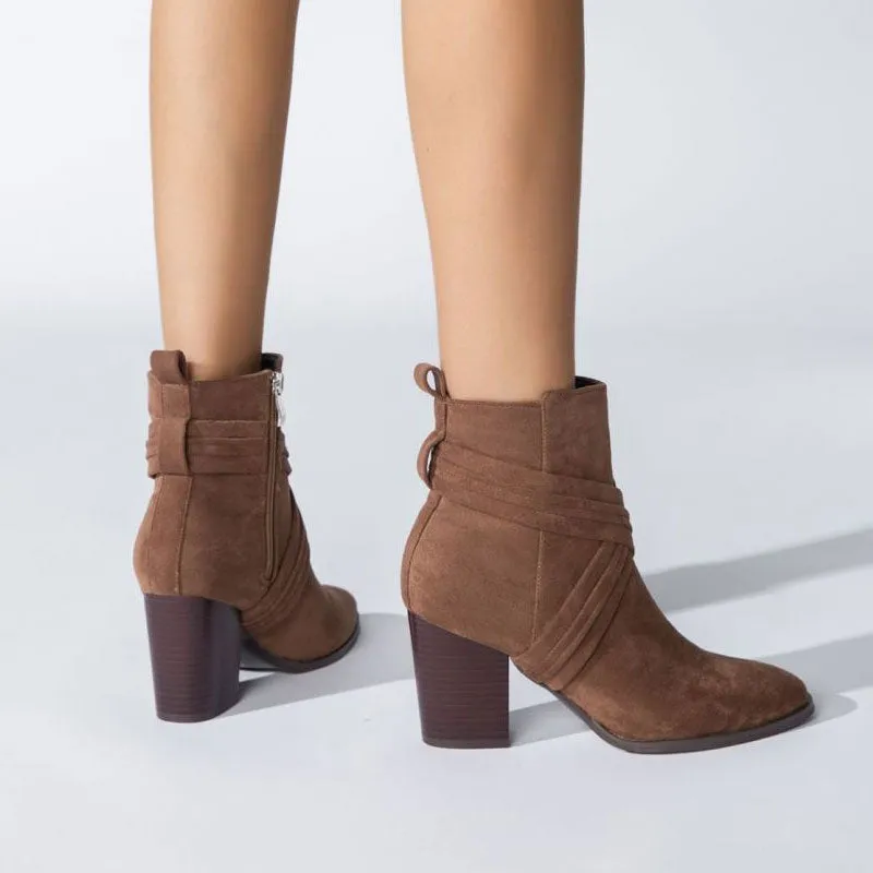 Chic Crisscross Strap Pointed Toe Block Heel Suede Ankle Boots - Brown