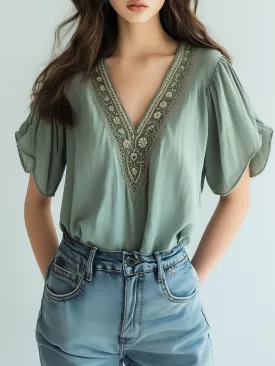 Chic V-neck Embroidery Ruffled Sleeves Blouse