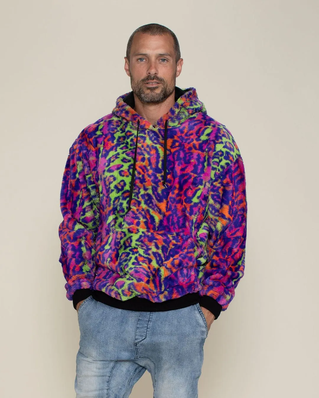 Classic Men's Fur Hoodie | Neon Disco Cat