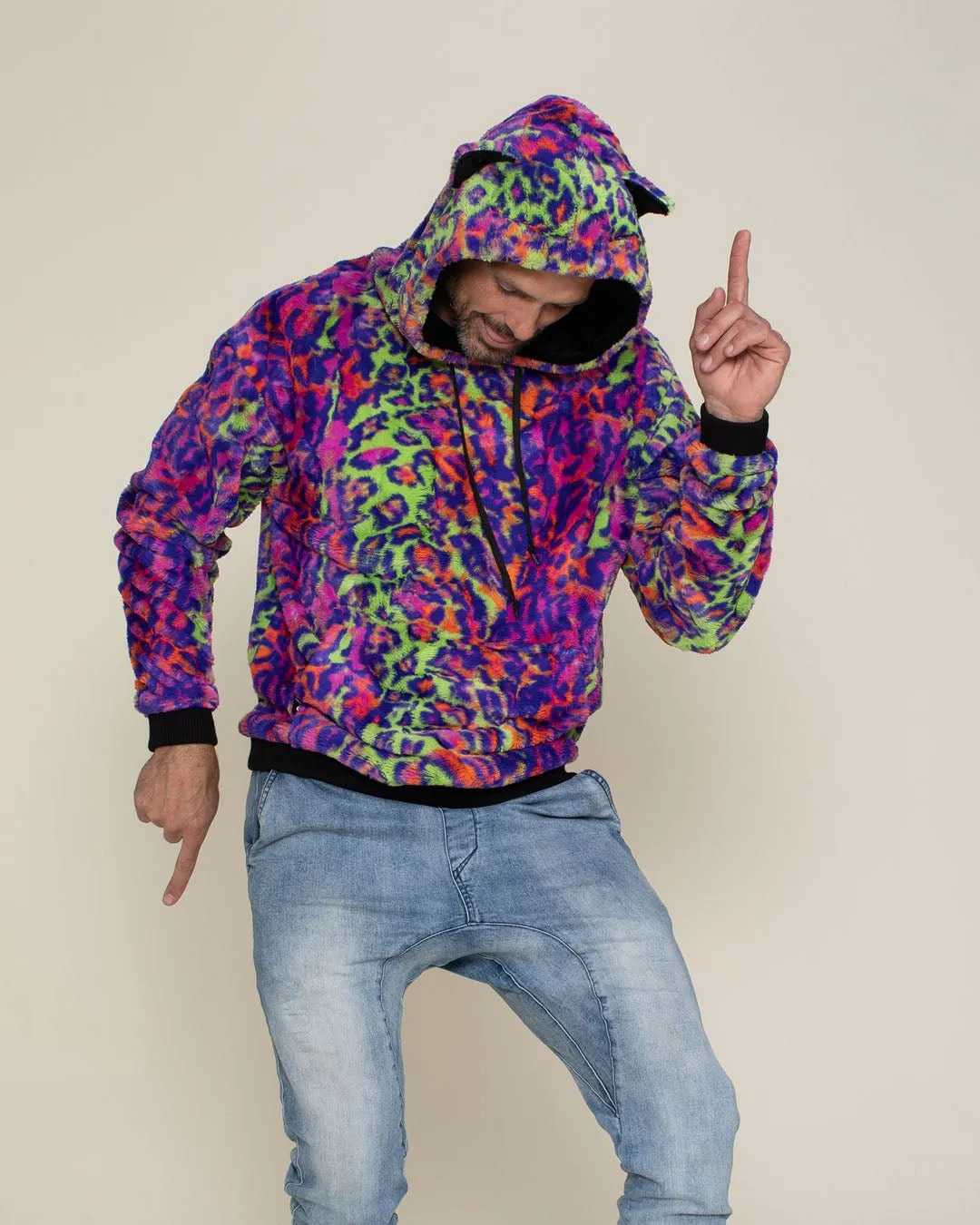 Classic Men's Fur Hoodie | Neon Disco Cat