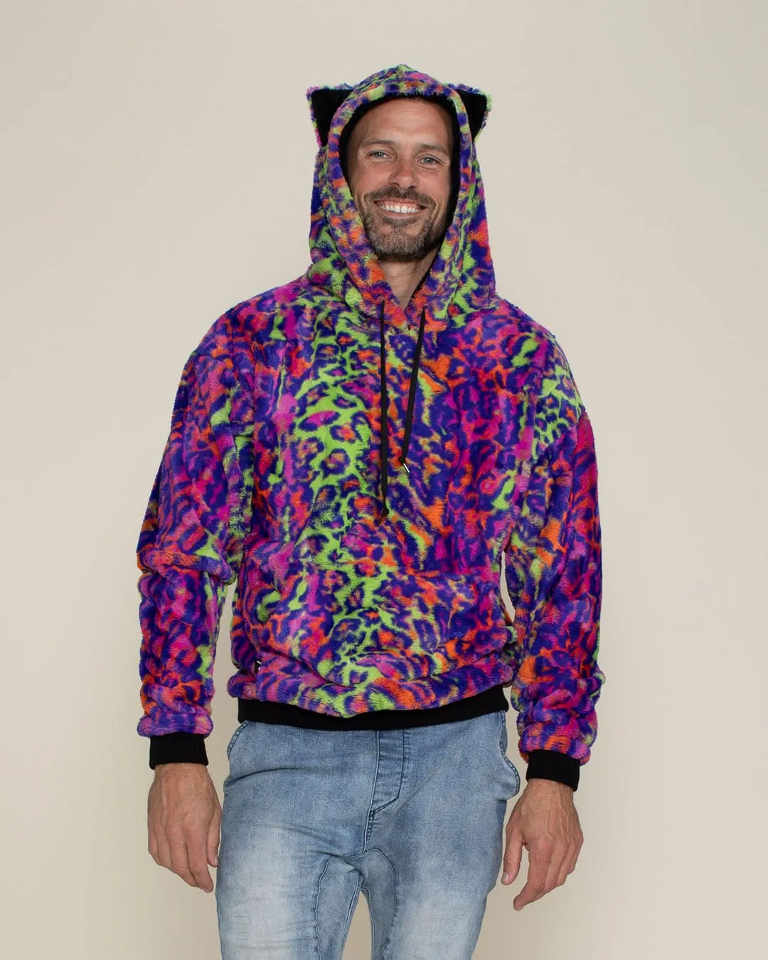 Classic Men's Fur Hoodie | Neon Disco Cat