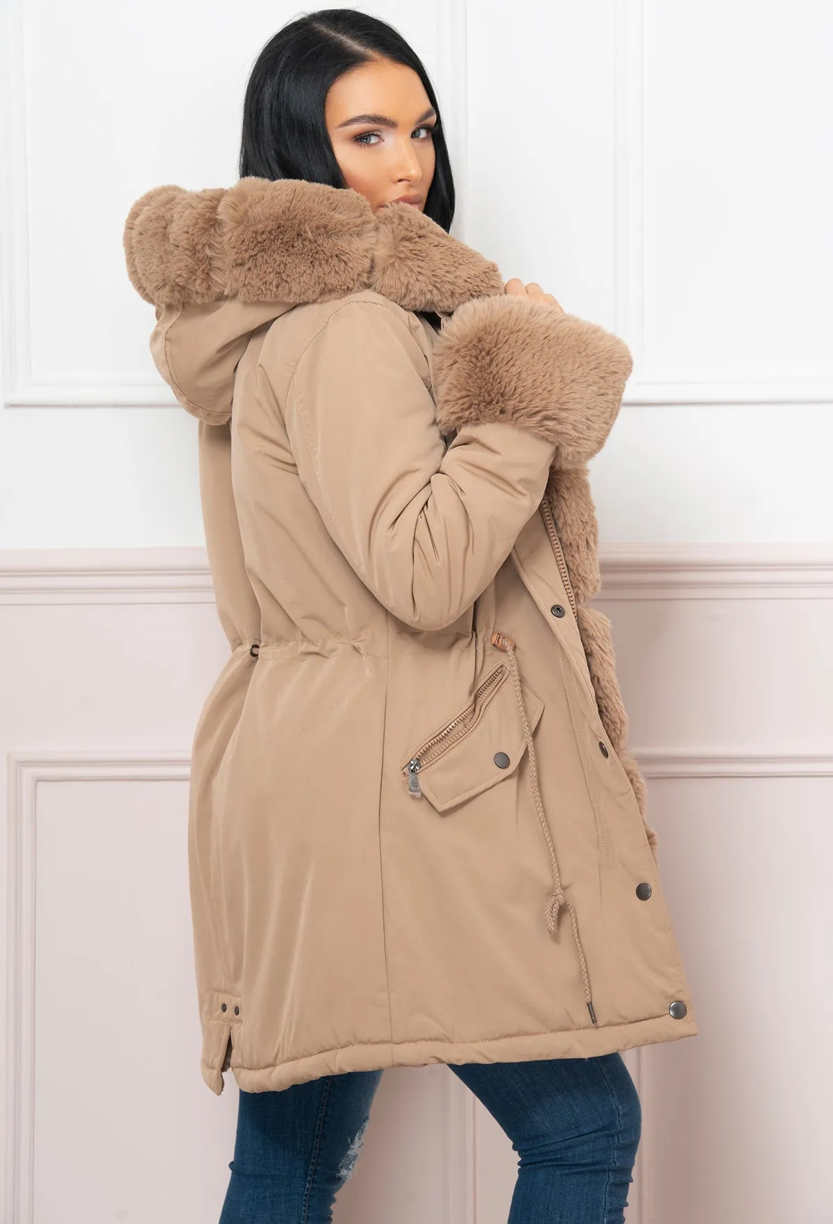 Cocoa Kisses Tan Fur Trim Parka Coat