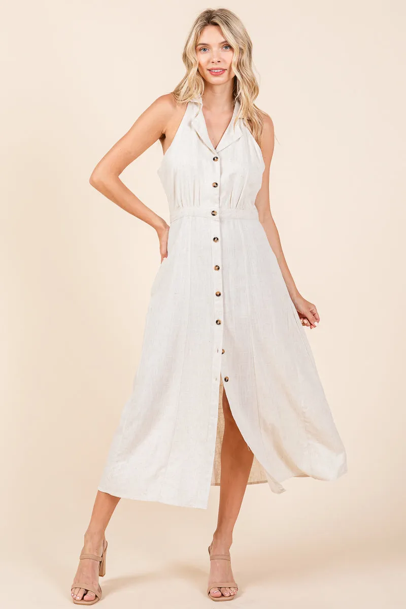 Collared Linen Button Down Split Midi Shirt Dress