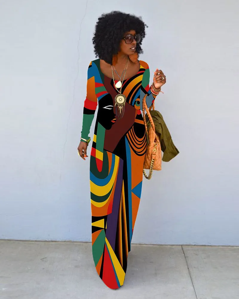 Color Collision Ethnic Prints Crew Neck Long Sleeve Dress