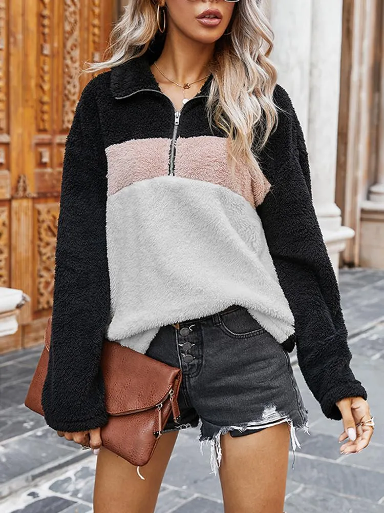 Color Matching Plush Half-zip Lapel Sweatshirt