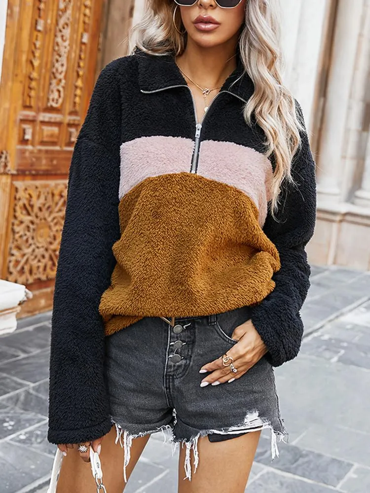 Color Matching Plush Half-zip Lapel Sweatshirt