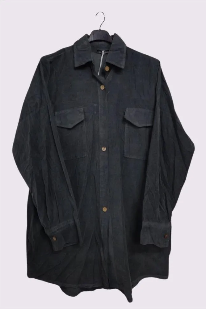 Corduroy High Low Hem Pockets Cotton Shirt