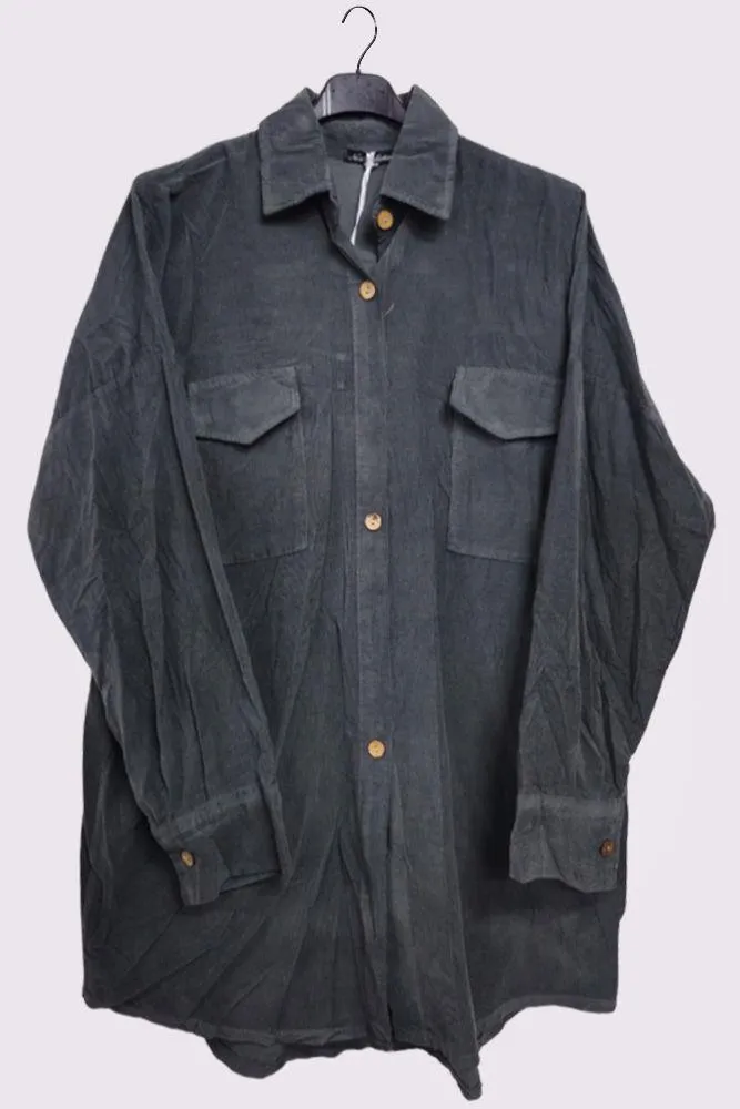 Corduroy High Low Hem Pockets Cotton Shirt