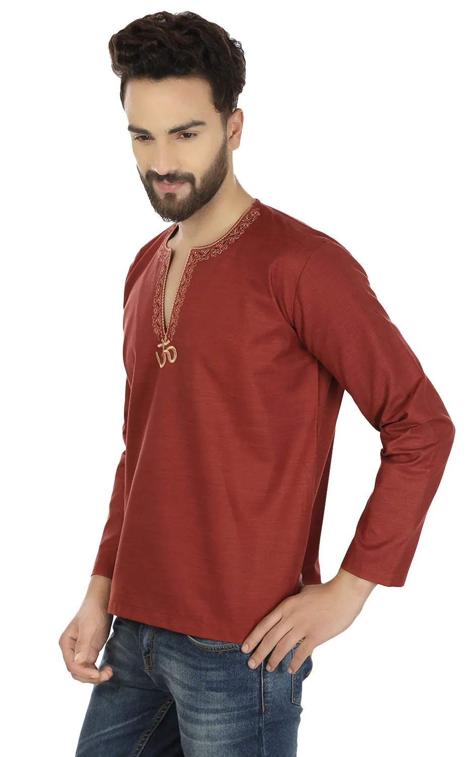 Cotton Dress Mens Short Kurta Shirt India Clothing (Maroon)