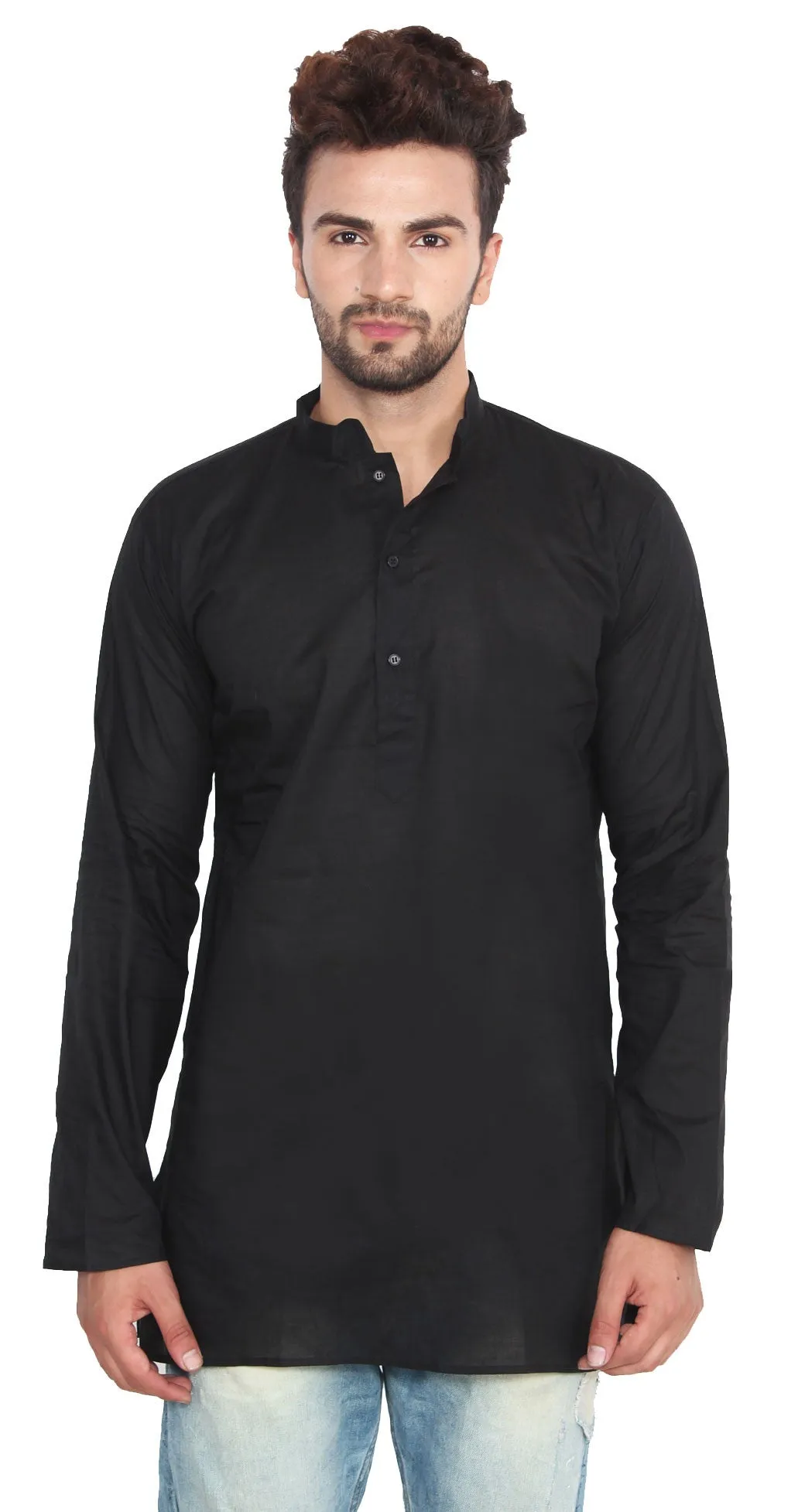 Cotton Dress Mens Short Kurta Shirt India Fashion Clothes (Black)