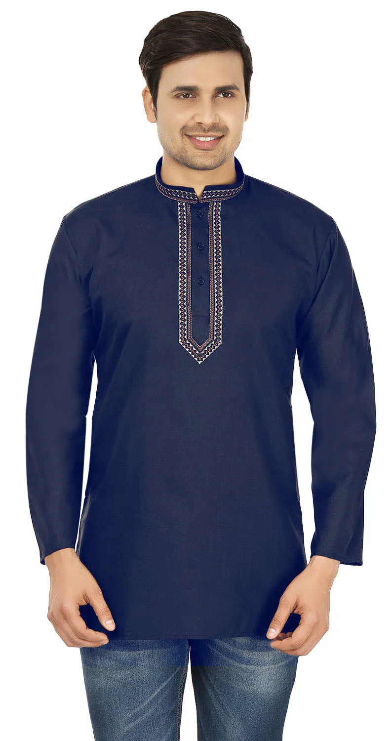 Cotton Dress Mens Short Kurta Shirt India Fashion Clothes (Navy Blue)