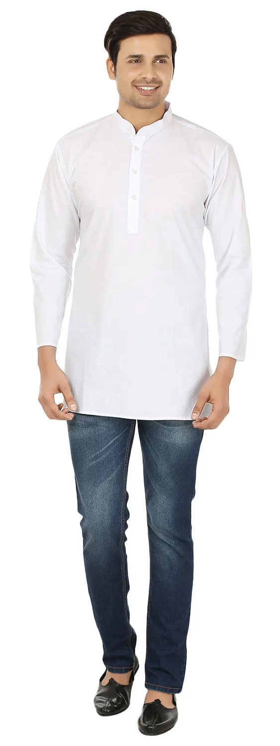 Cotton Dress Men's Short Kurta Shirt Indian Clothing (White)