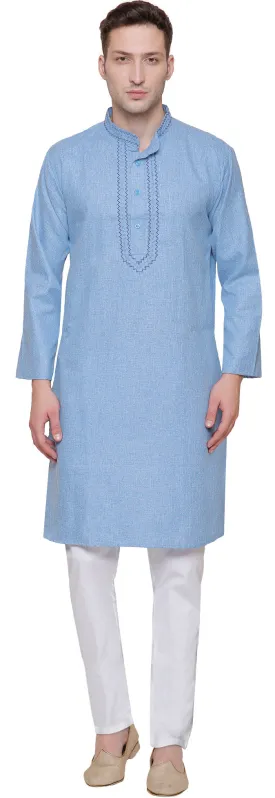 Cotton Embroidered Men's Kurta Pajama Indian Clothing (Sky Blue)