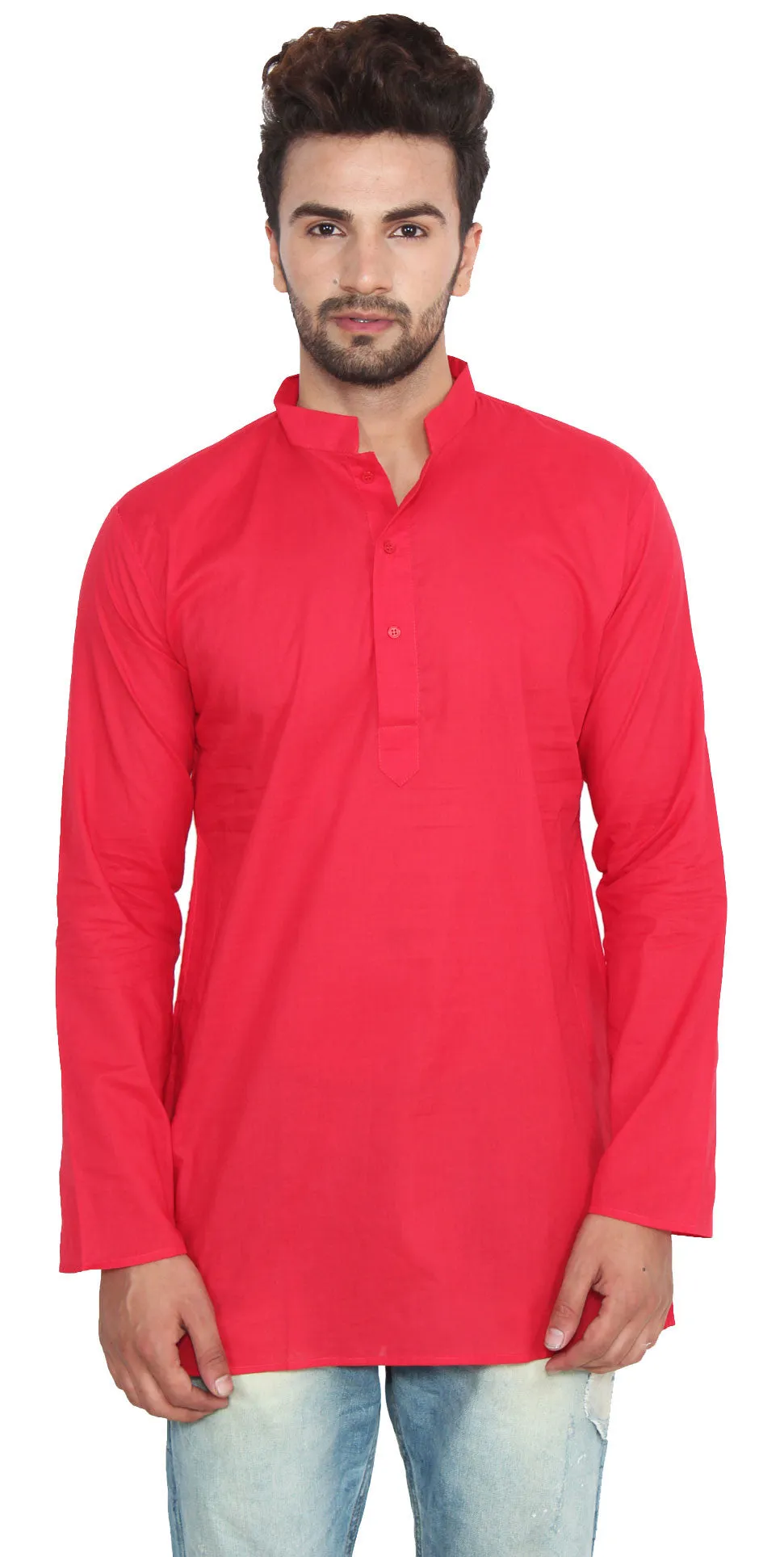 Cotton Indian Dress Mens Short Kurta Shirt Fashion Clothing (Red)