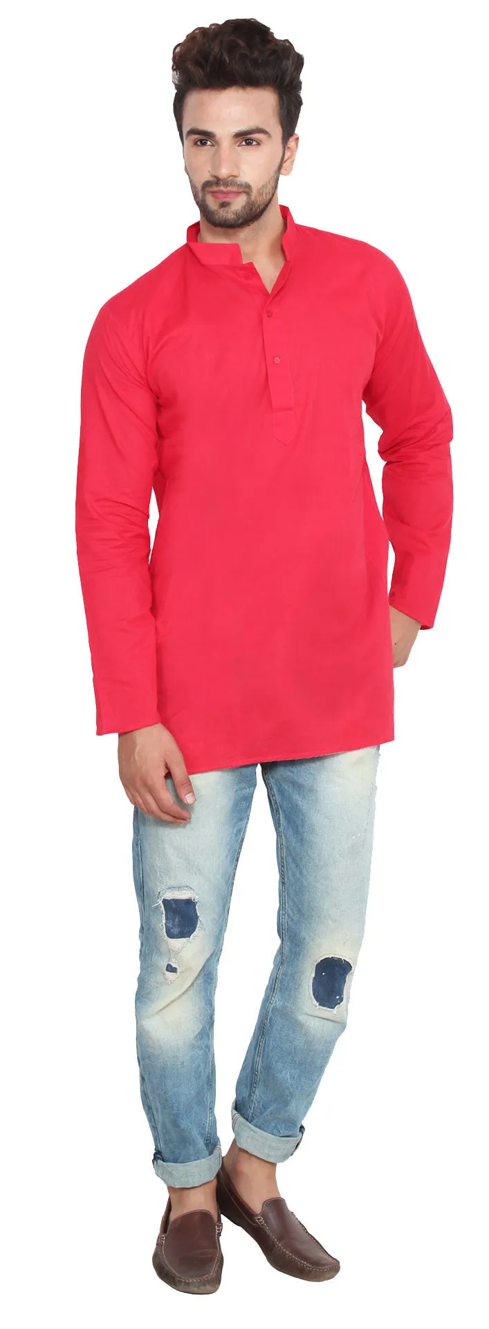 Cotton Indian Dress Mens Short Kurta Shirt Fashion Clothing (Red)