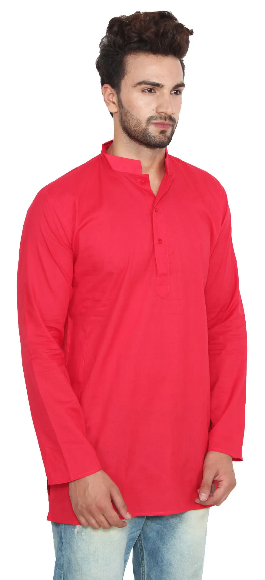 Cotton Indian Dress Mens Short Kurta Shirt Fashion Clothing (Red)