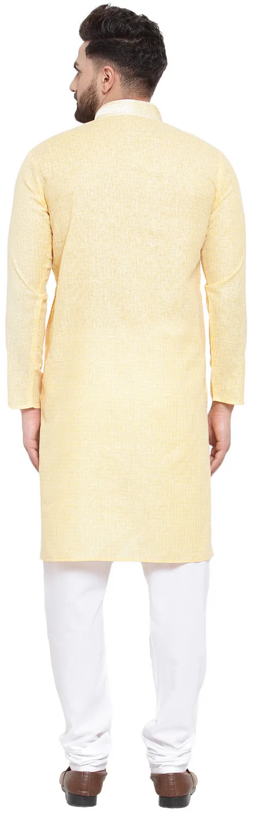 Cotton Self Design Men's Kurta Pajama Evening Wear Self Design (Yellow)