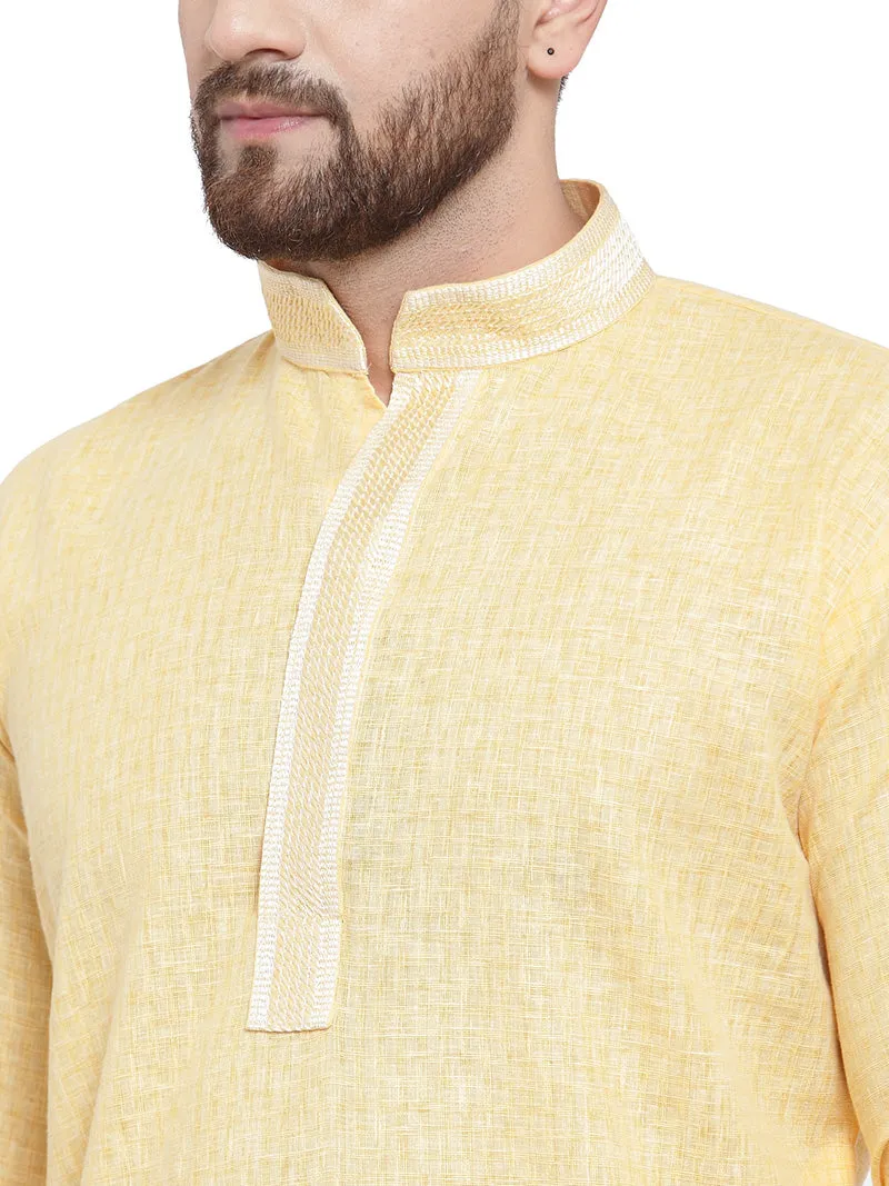 Cotton Self Design Men's Kurta Pajama Evening Wear Self Design (Yellow)