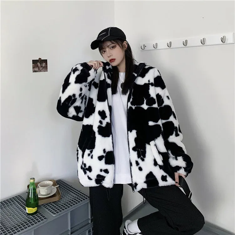 Cow Pattern Loose Warm Zipper Jacket