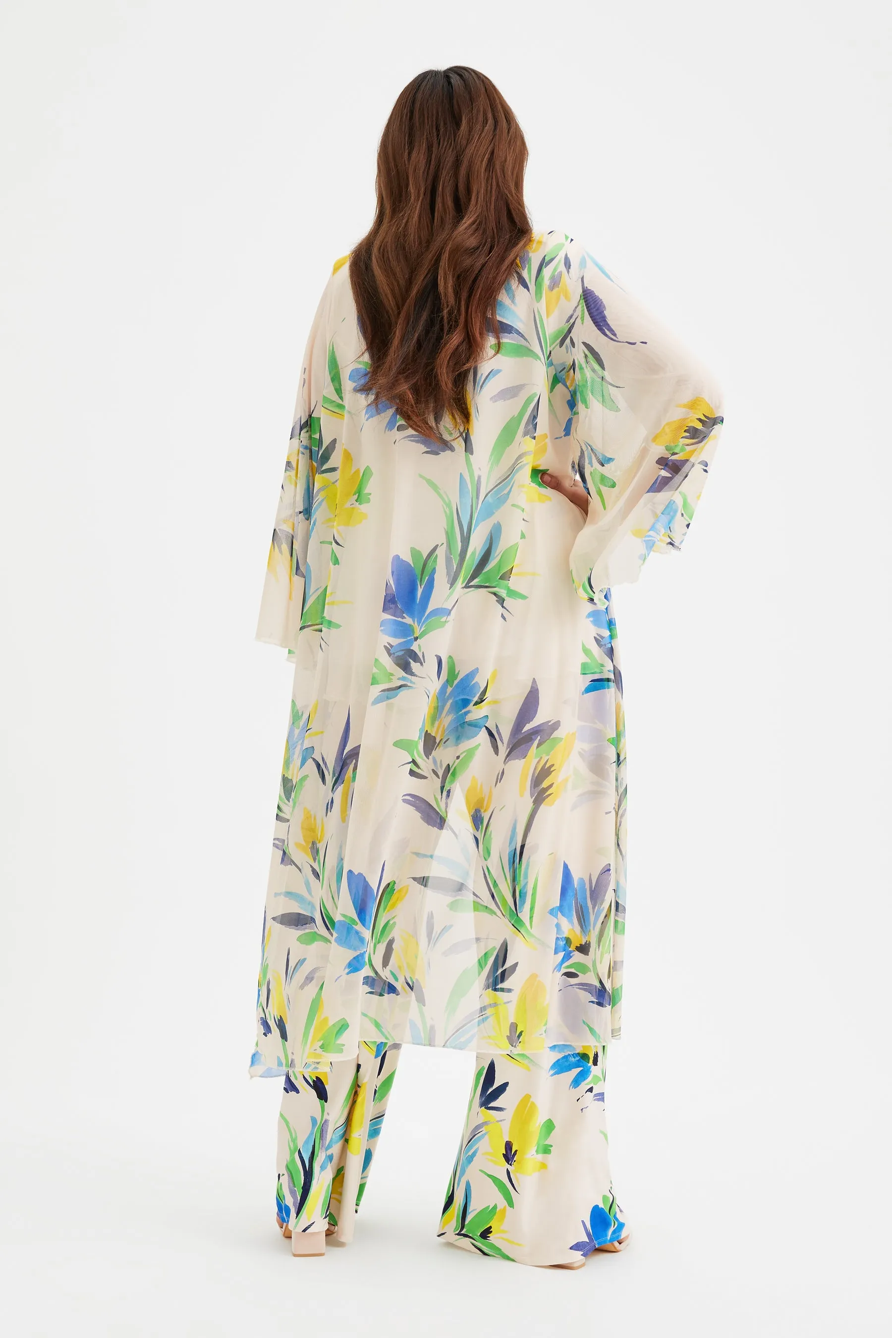 Cream Blue Yellow Waterfall Long Mesh Kimono