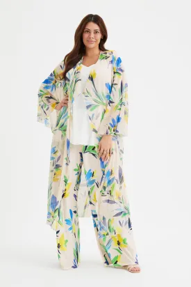 Cream Blue Yellow Waterfall Long Mesh Kimono