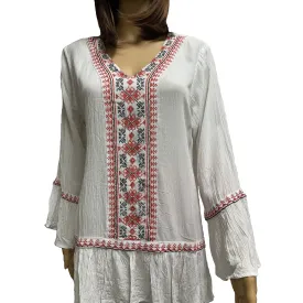 Crinkled White Gauze Cross Stitch Embroidery Ruffled Hem Boho Blouse Tunic Top