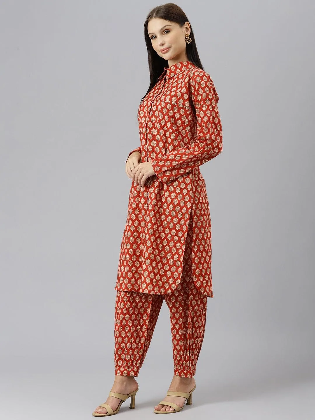 Divena Maroon Cotton Shirt Style Kurta Hem Cuffed Pant Co-ord Set