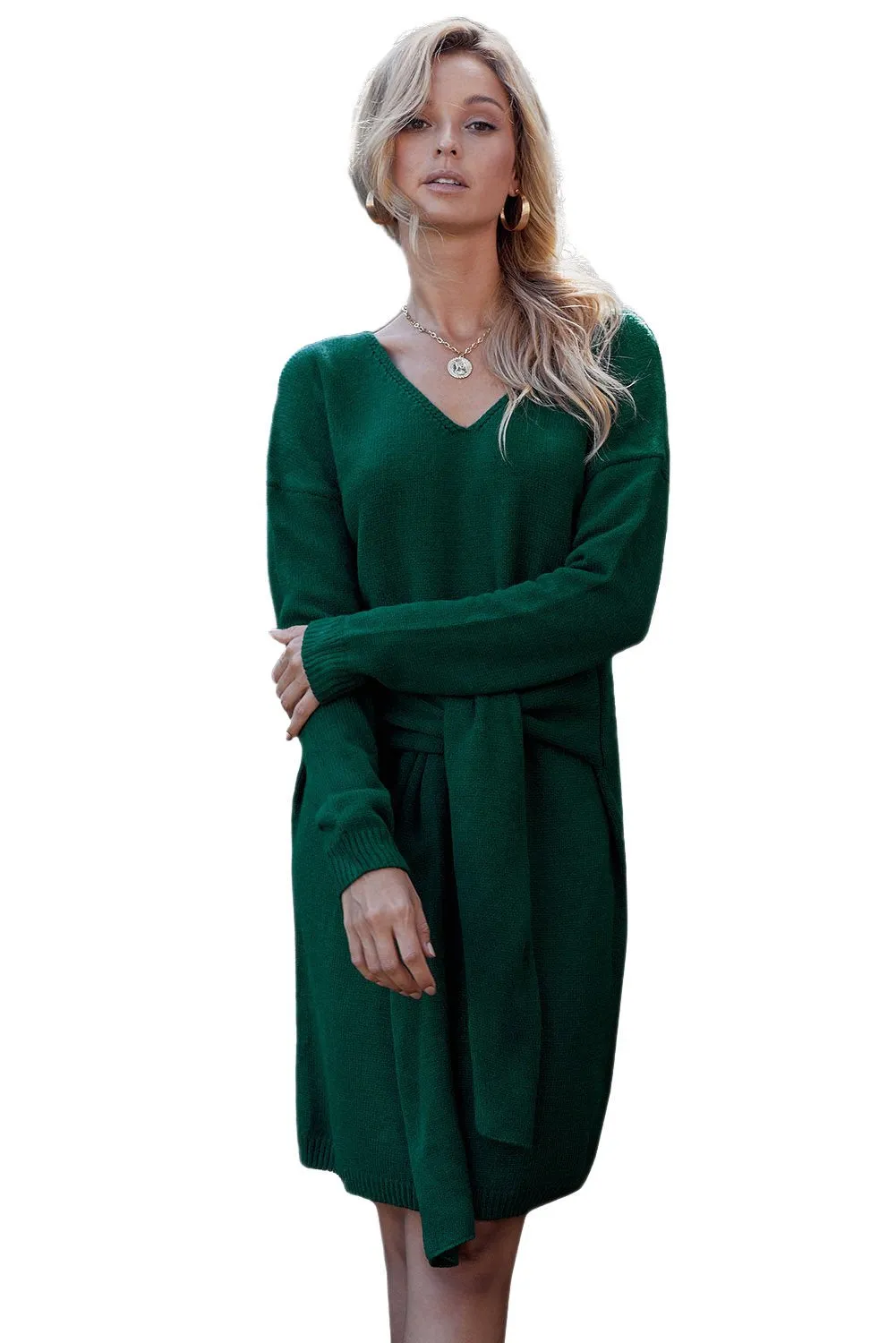 Don’t Let Me Go Tie Green Sweater Dress