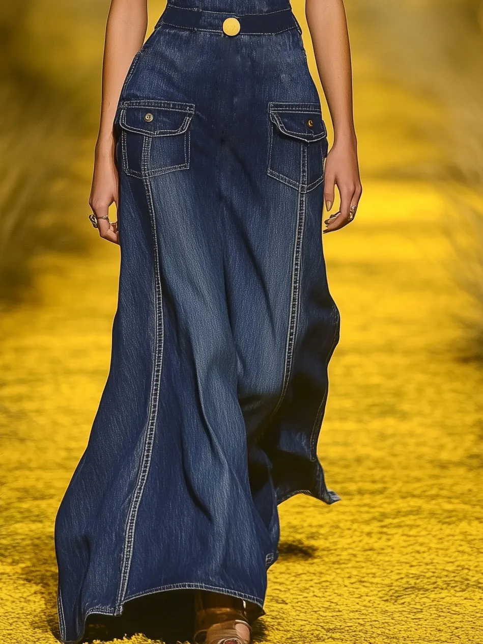 Elegant Suspender Pocket Denim Maxi Dress