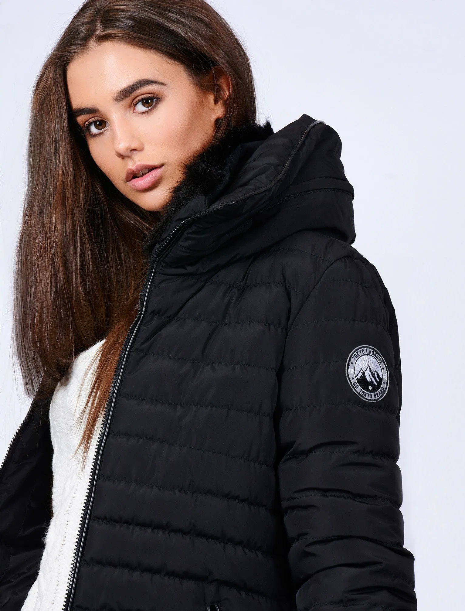 Elva Longline Quilted Puffer Coat in Black - Tokyo Laundry