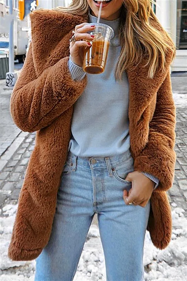 elveswallet Elegant Shaggy Faux Fur Teddy Coat - Brown