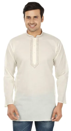 Embroidered Cotton Men's Short Kurta Shirt Indian Clothes (Off-White)