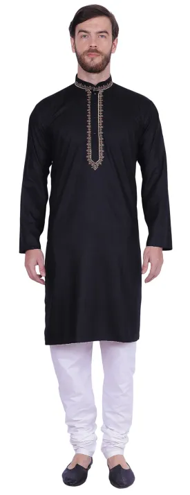 Embroidered Kurta Pajama Men's Cotton India Clothing Party Wear (Black)