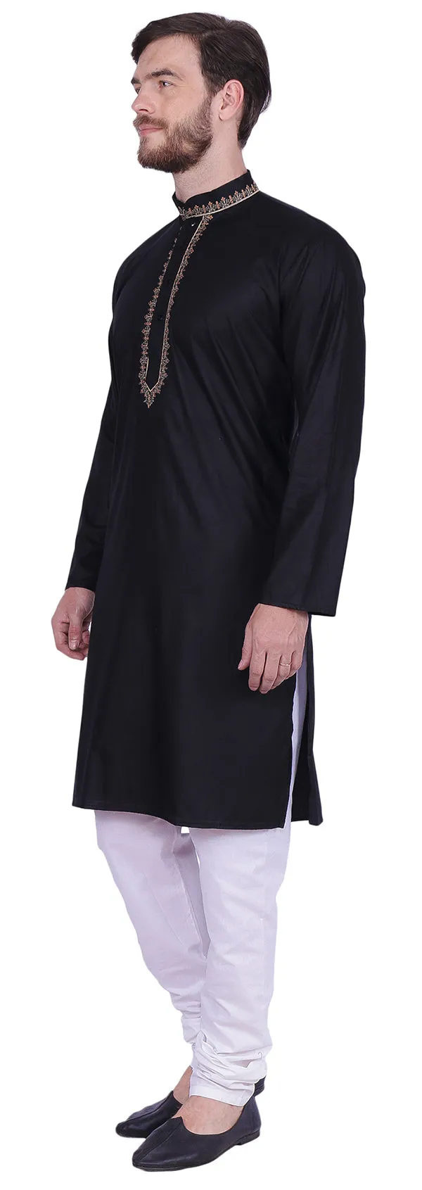 Embroidered Kurta Pajama Men's Cotton India Clothing Party Wear (Black)