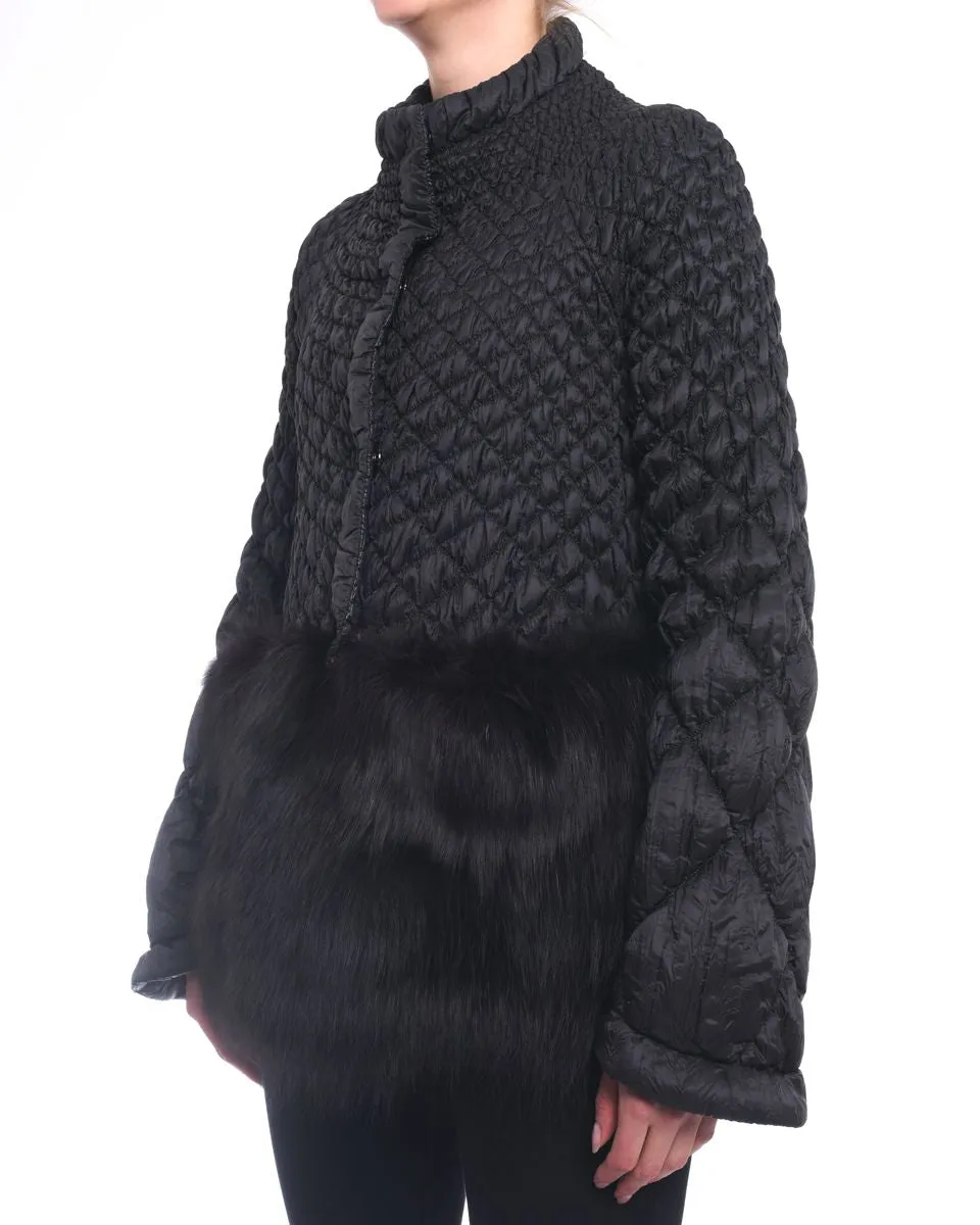 Ermanno Scervino Black Light Quilt Jacket with Fox Fur Trim - M