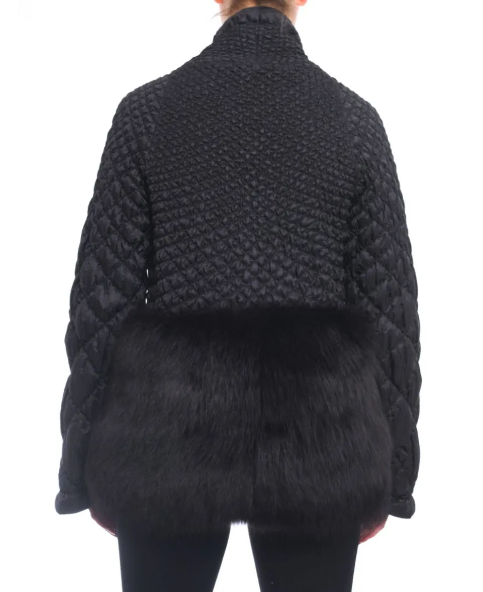 Ermanno Scervino Black Light Quilt Jacket with Fox Fur Trim - M