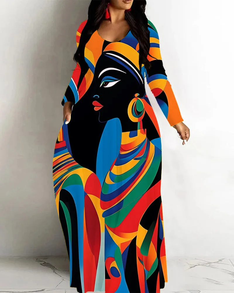 Ethnic Colors Contrast Retro Print Loose Hem Long Sleeve Maxi Dress