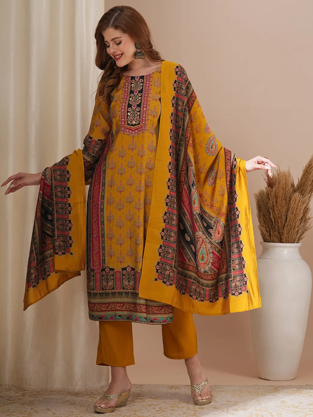 Ethnic Floral Printed & Hand Embroidered Straight Kurta with Pant & Dupatta - Mustard