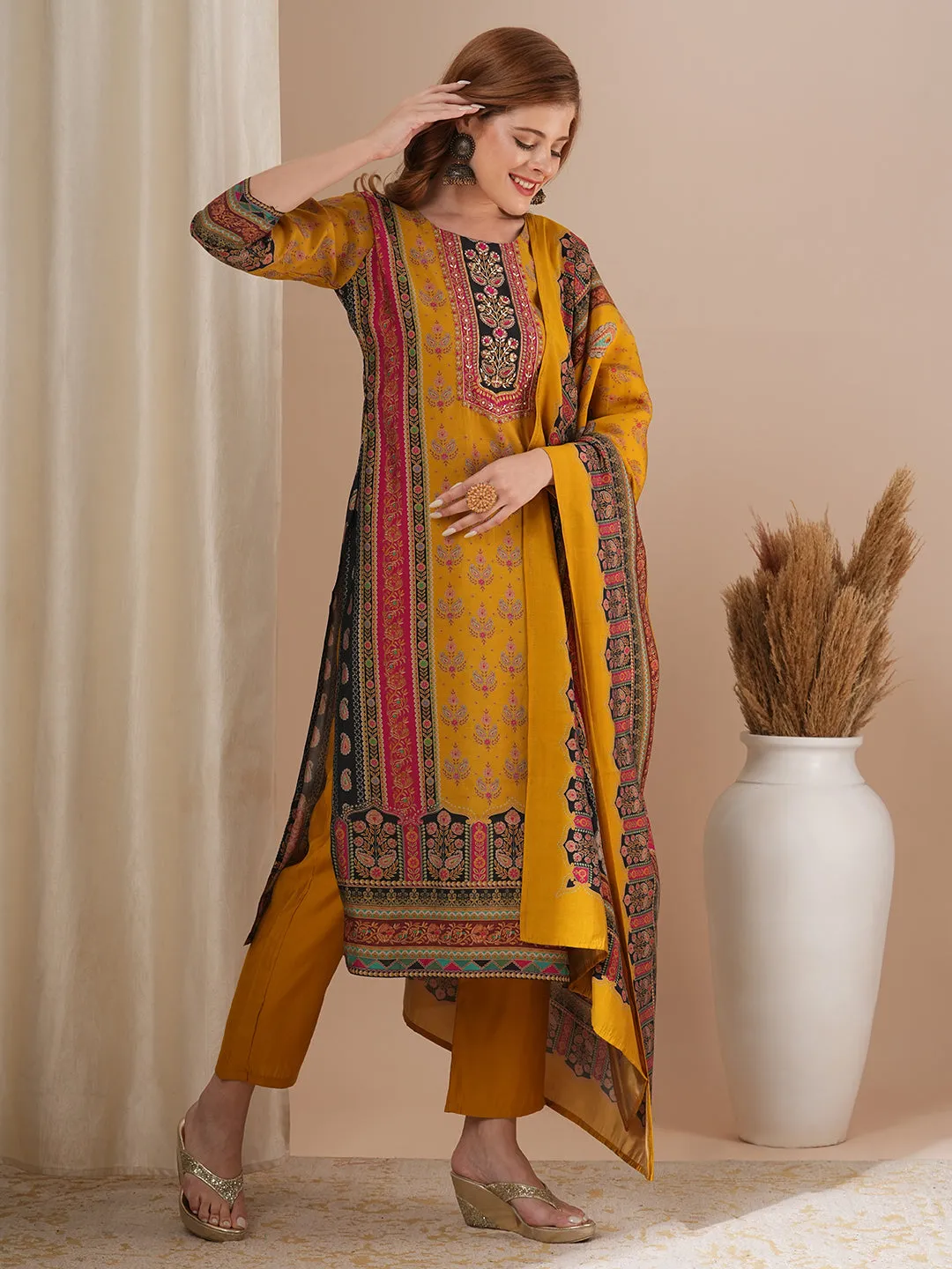 Ethnic Floral Printed & Hand Embroidered Straight Kurta with Pant & Dupatta - Mustard