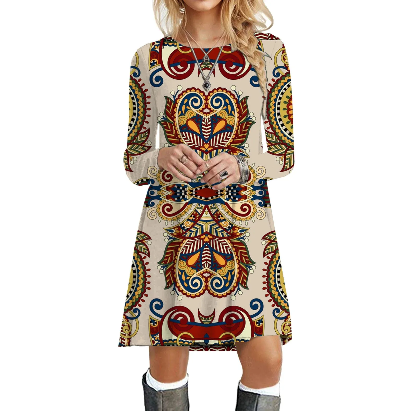 Ethnic Retro Long Sleeve Boho Print Mini Dress for Art Festivals