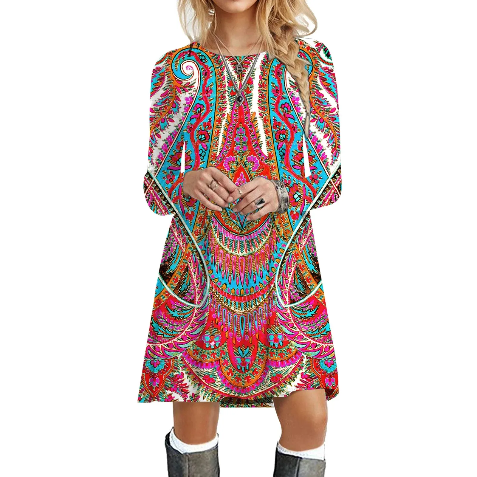 Ethnic Retro Long Sleeve Boho Print Mini Dress for Art Festivals