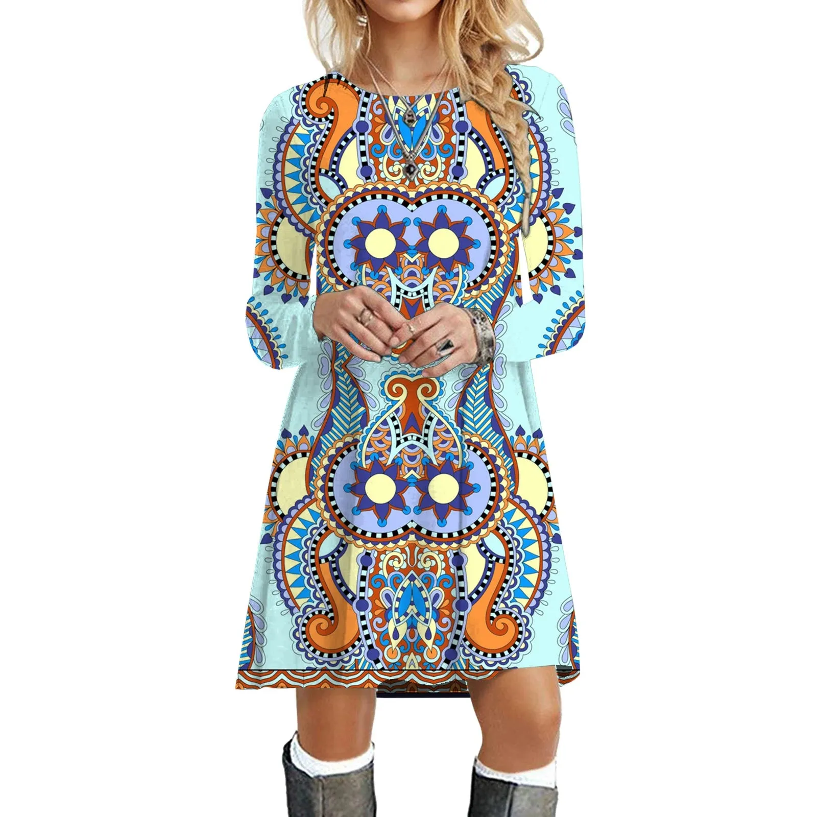 Ethnic Retro Long Sleeve Boho Print Mini Dress for Art Festivals