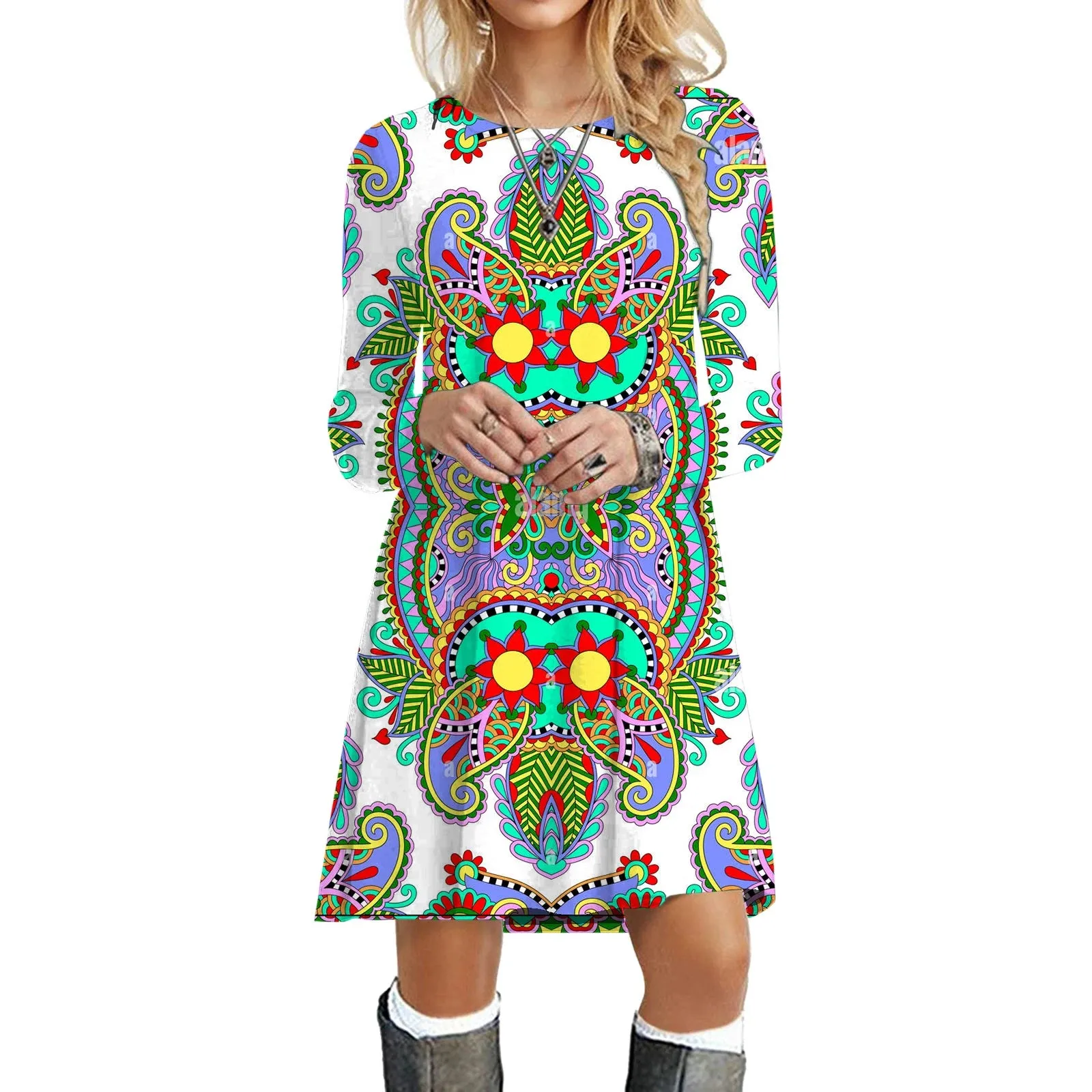 Ethnic Retro Long Sleeve Boho Print Mini Dress for Art Festivals