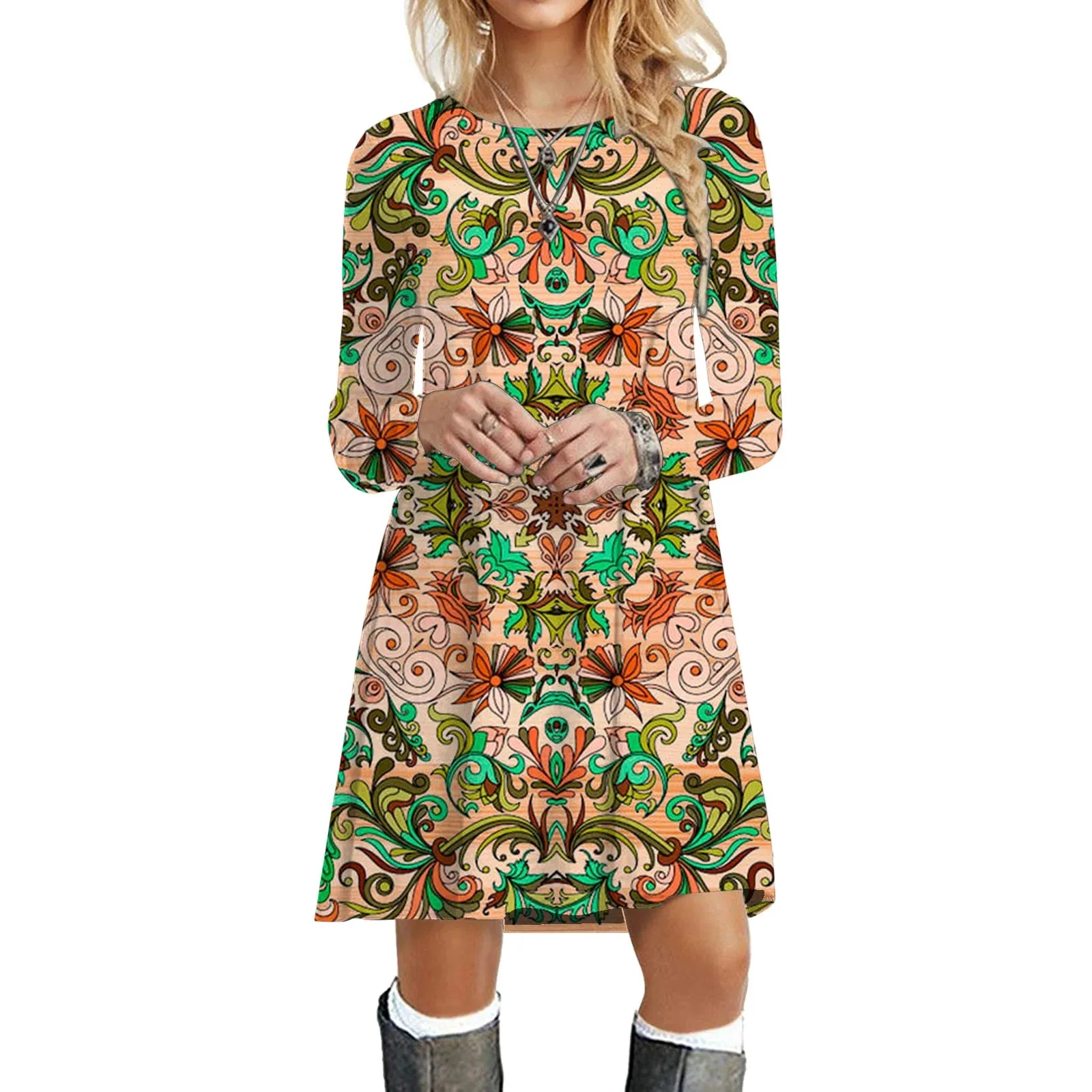 Ethnic Retro Long Sleeve Boho Print Mini Dress for Art Festivals