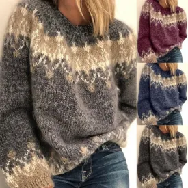 Ethnic-style casual pullover jacquard sweater for women, perfect for autumn and winter. Fashionable knitted top for a cozy, chic look.