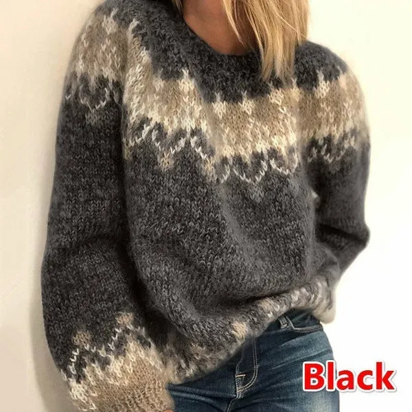 Ethnic-style casual pullover jacquard sweater for women, perfect for autumn and winter. Fashionable knitted top for a cozy, chic look.